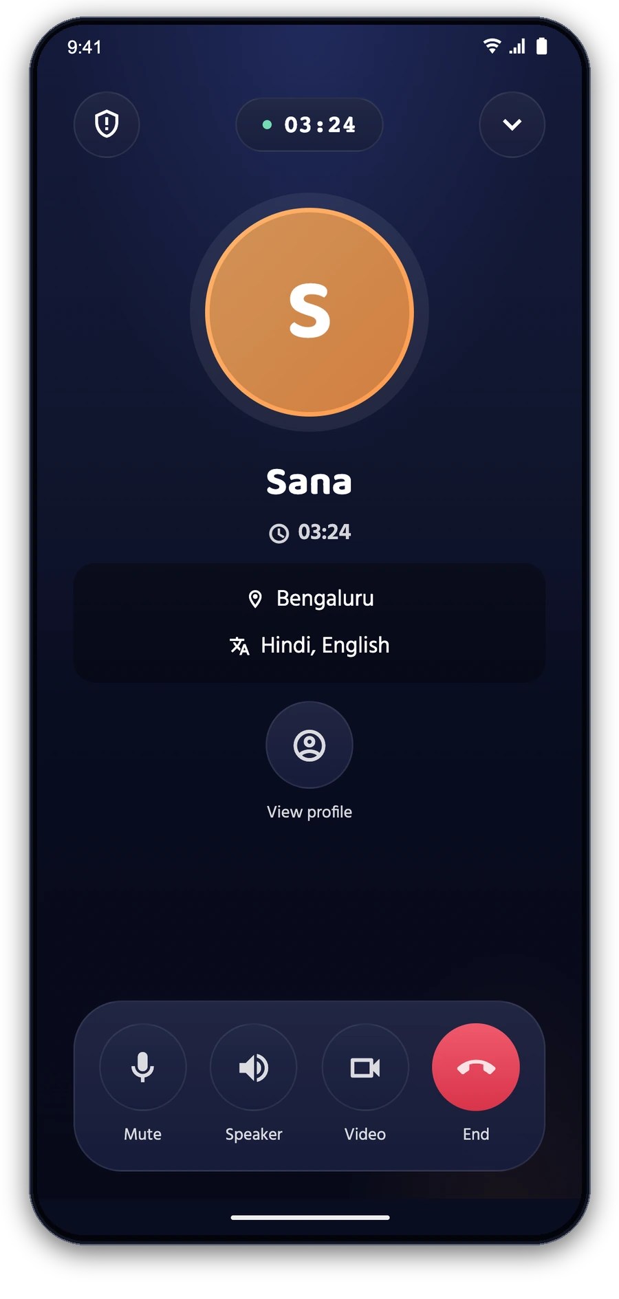 Illustrative Duvvo private voice call with Sana; Duvvo works in Hindi and regional languages.